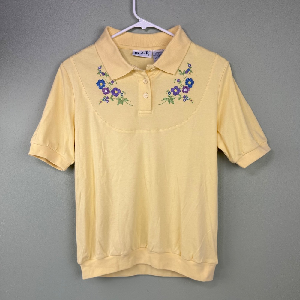 Blair‎ Womens Yellow Floral Embroidered Short Sleeve Polo Shirt Size Small NWOT
